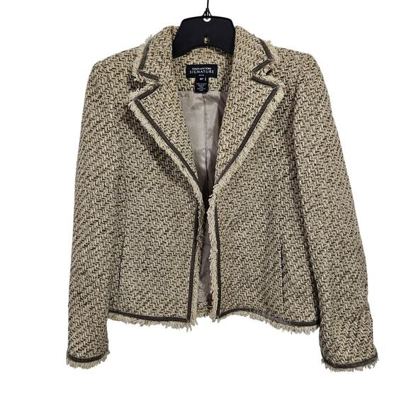 JONES NEW YORK SIGNATURE Olive/Cream Wool Blend Tweed Fringe Jacket. Sz 8 Petite - Picture 1 of 7